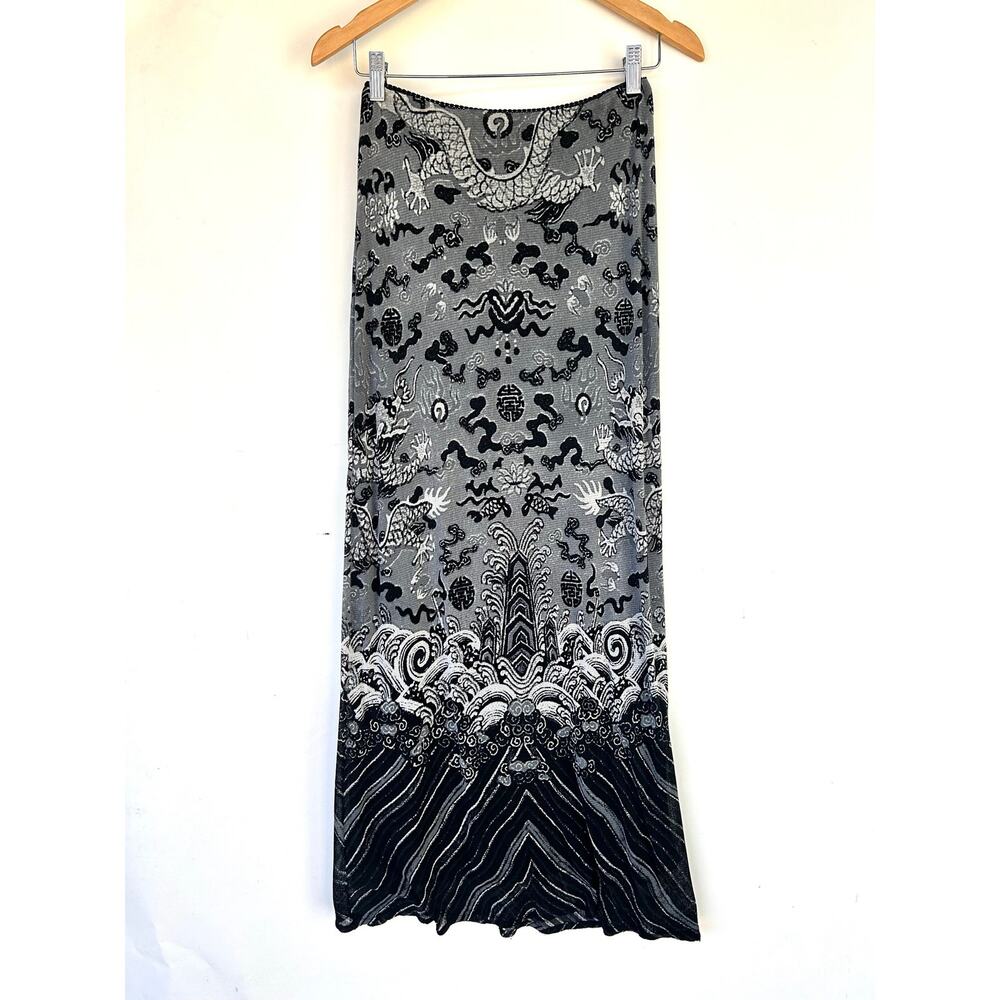 Vintage 90s Vivienne Tam Mesh Dragon Waves Maxi Column Skirt Chinese Medium - Picture 2 of 9